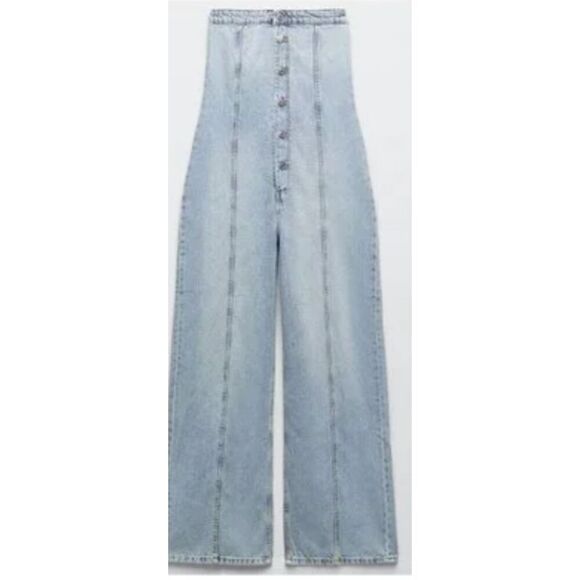 Zara Strapless Denim Jumpsuit NWT - Picture 1 of 6